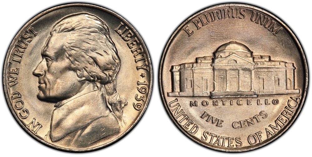 1939 Jefferson nickel showing obverse portrait of Thomas Jefferson and reverse Monticello design