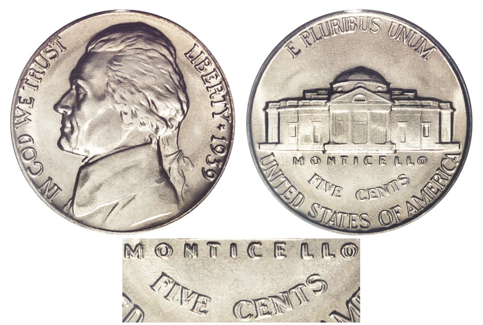Side-by-side comparison of normal 1939 nickel reverse versus the Doubled Monticello variety showing doubled FIVE CENTS lettering