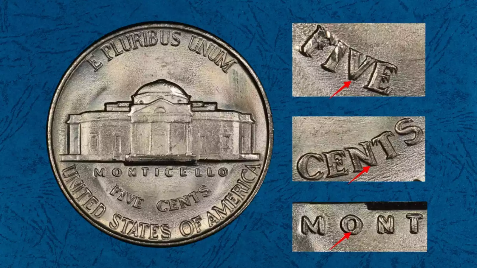 1939 Doubled Monticello nickel reverse showing doubled FIVE CENTS and MONTICELLO lettering, FS-801 variety