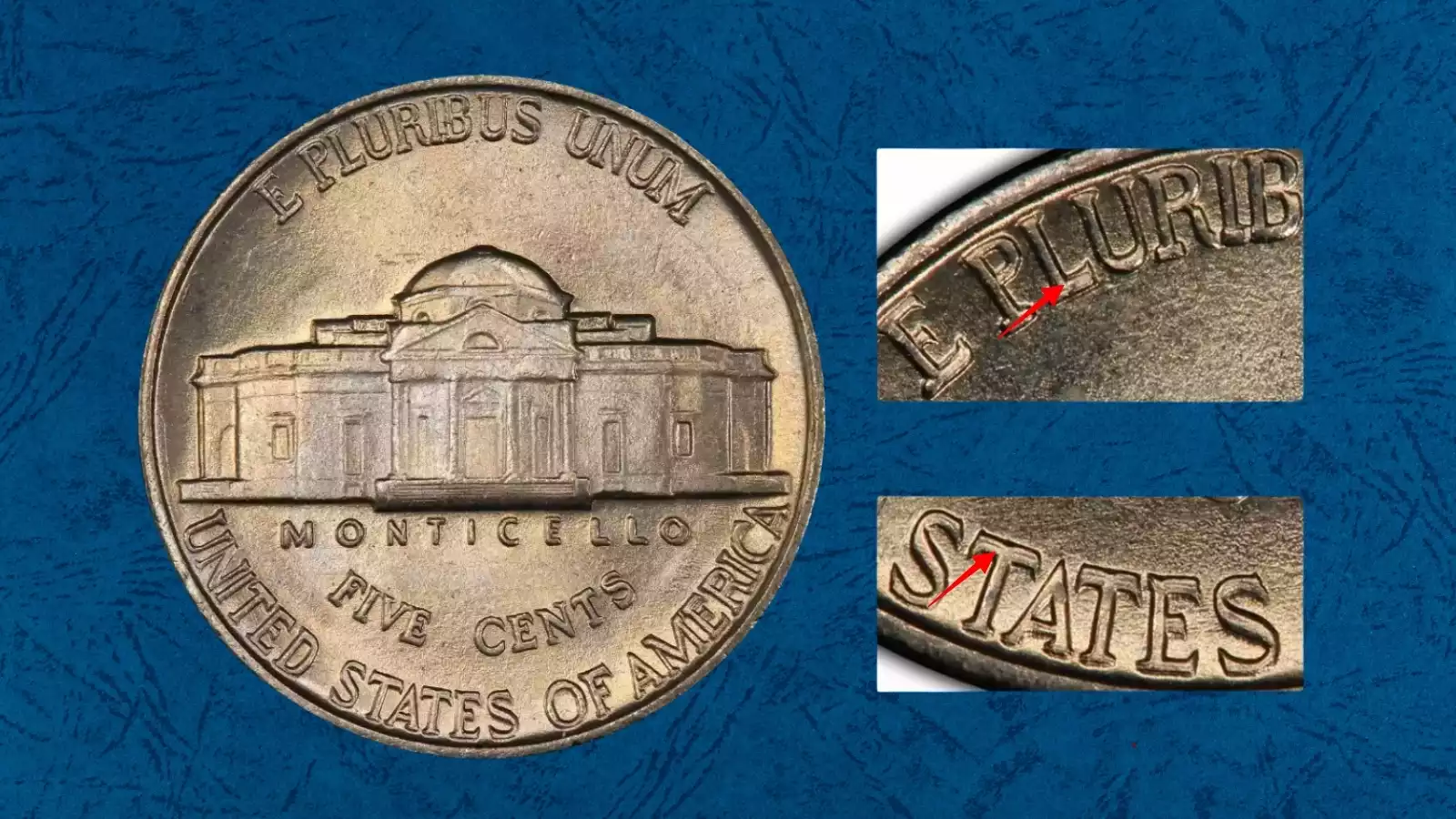 1939 Jefferson nickel Quadrupled Die Reverse FS-802 variety showing extreme doubled lettering on reverse legends