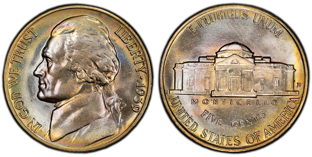 1939-D Jefferson nickel repunched mint mark variety showing overlapping D/D impression to right of Monticello