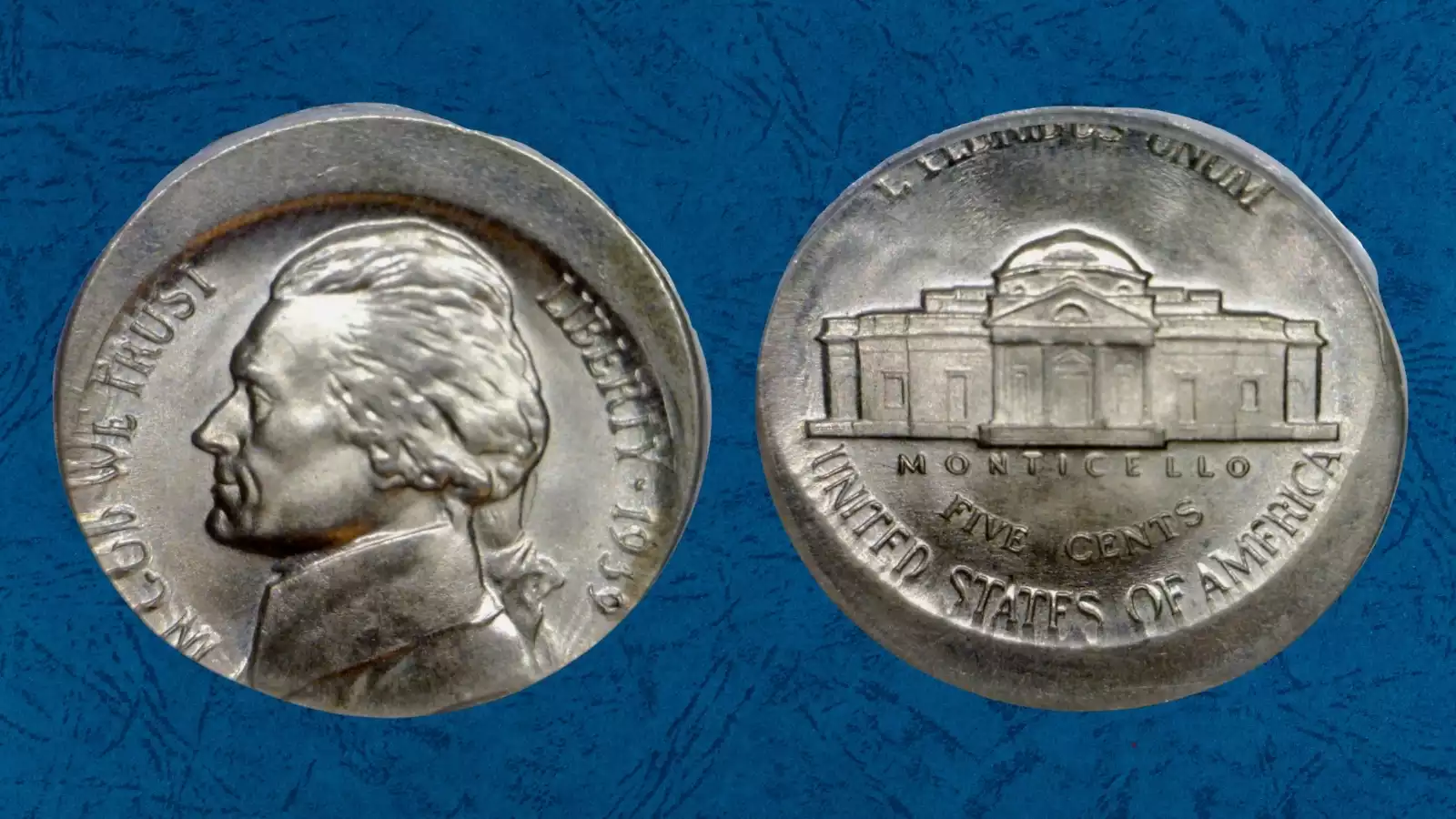 1939 Jefferson nickel off-center strike error showing design shifted off-center with blank planchet area visible