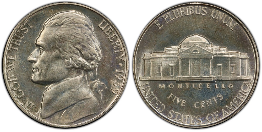 1939 Jefferson nickel proof coin showing mirror-like fields and frosted Monticello design devices with Cameo contrast