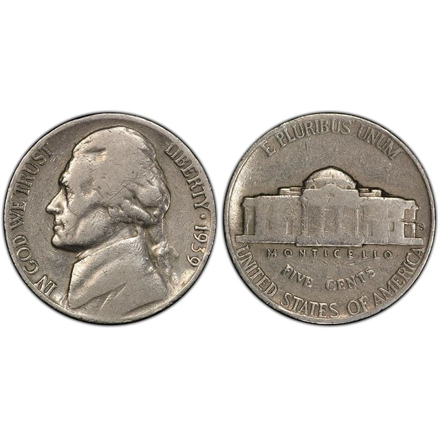 Group of 1939 Jefferson nickels from Philadelphia, Denver, and San Francisco mints displayed together showing all three mint mark variants