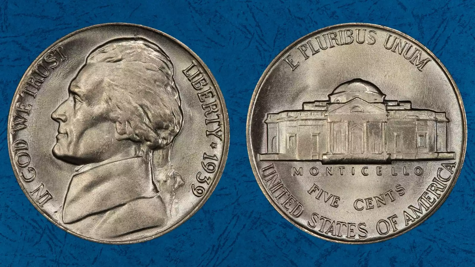 Grading strip showing four 1939 Jefferson nickels in ascending condition from worn through gem uncirculated Full Steps